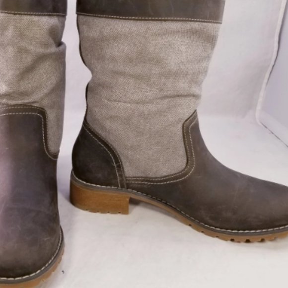 TIMBERLAND WOMEN BOOTS BROWN LEATHER GRAY CANVAS MOTORCYCLE COMBAT BOOTS SZ 7.5 - Picture 4 of 9